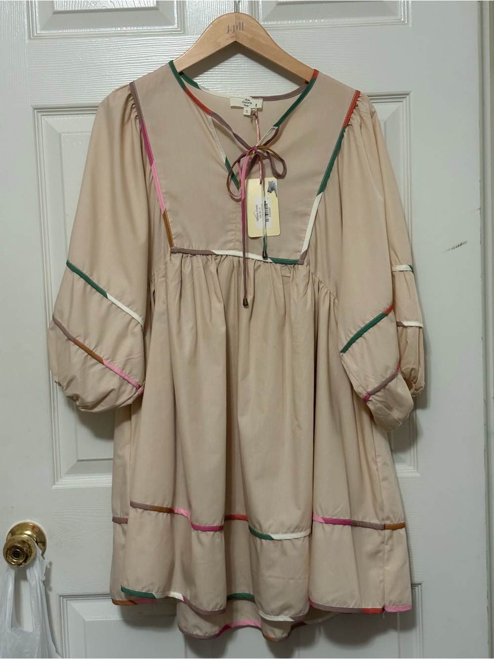entro Beige Peasant Dress with Multicolor Trim bubble sleeves